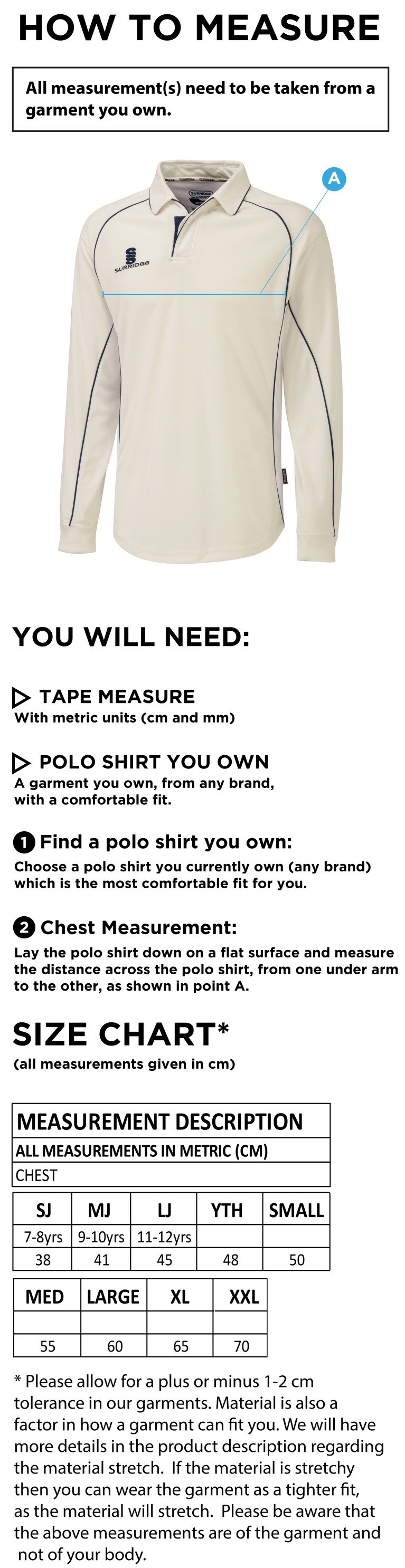 Wadworth CC - Premier Long Sleeve Playing Shirt - Size Guide