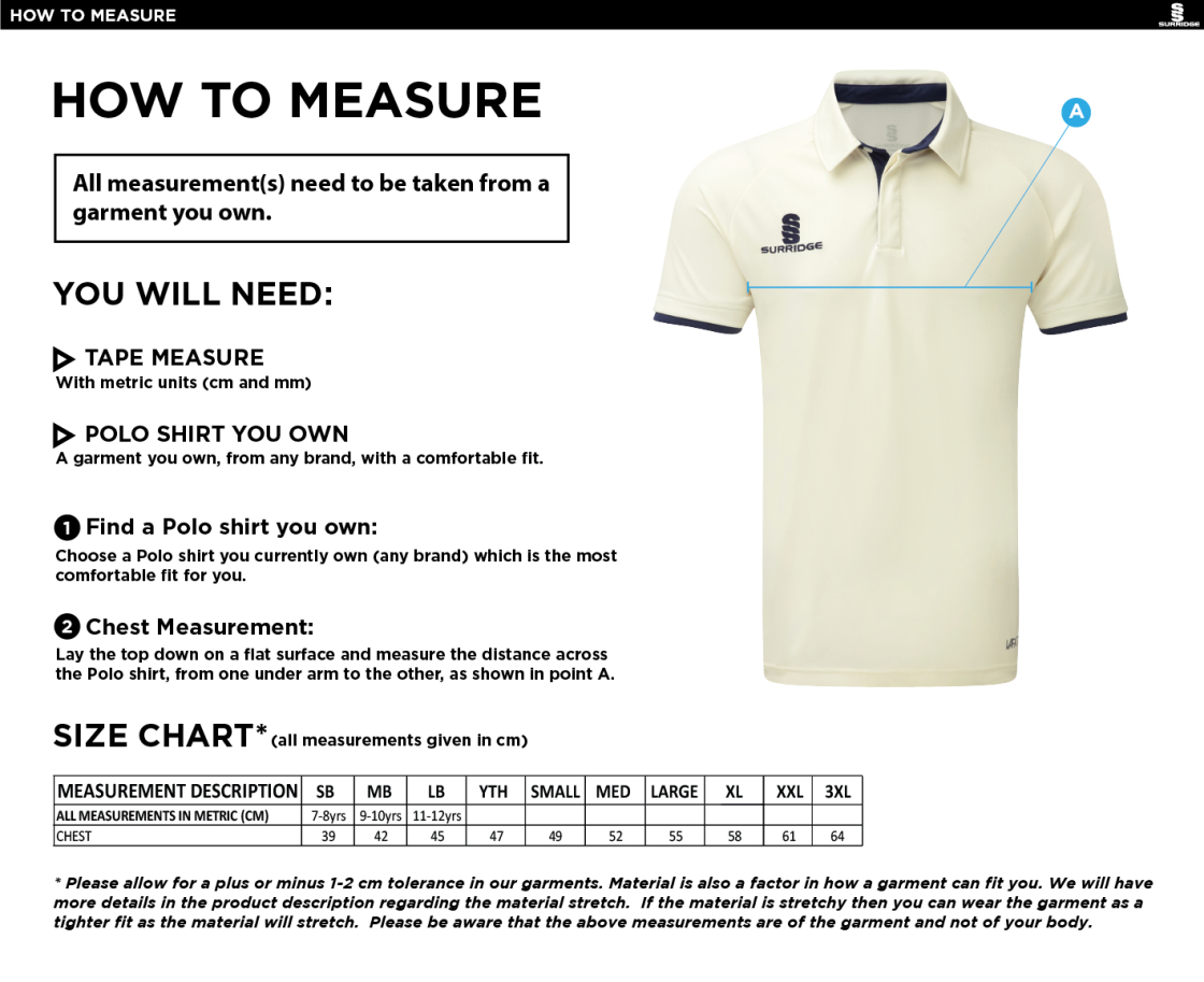Wadworth CC - Ergo Short Sleeve Playing Shirt - Size Guide