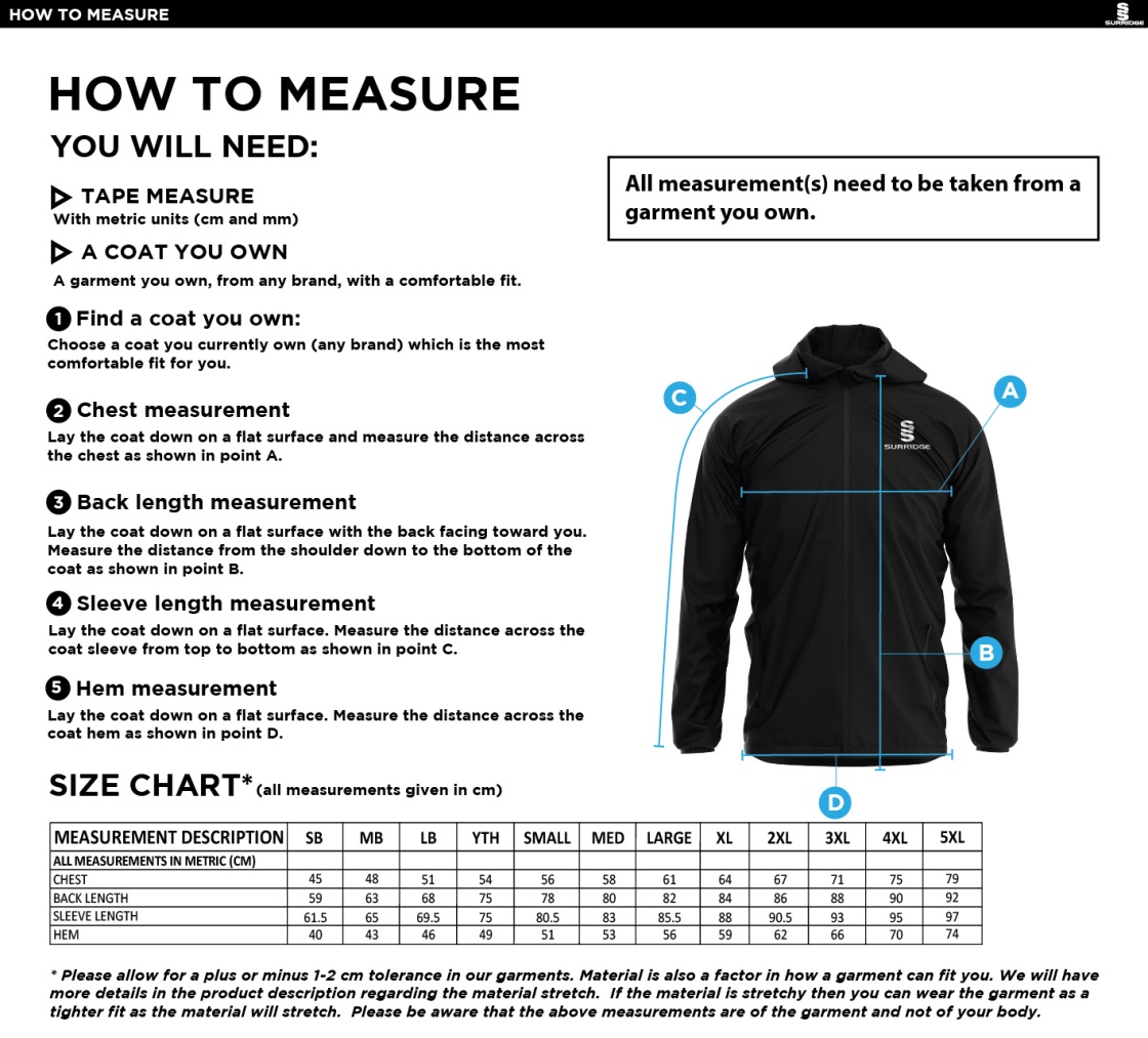 Wadworth CC - Lightweight Full Zip Training Jacket - Size Guide