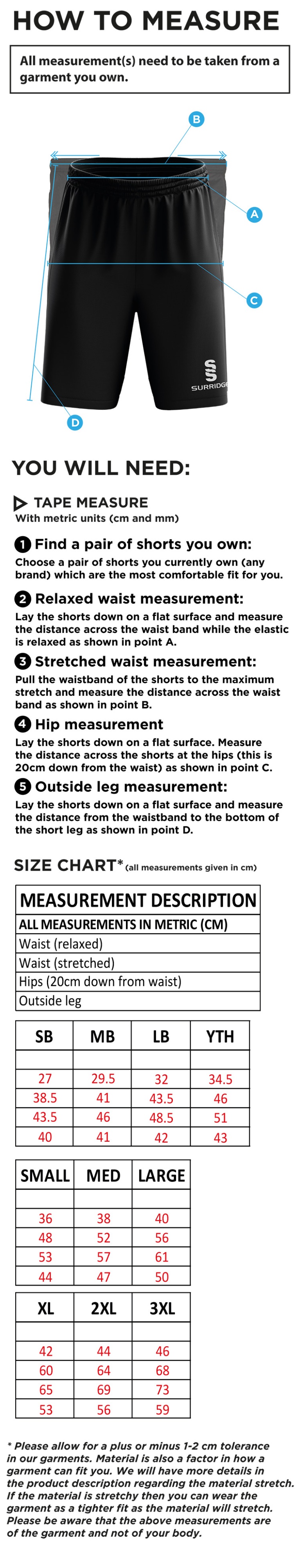 Wadworth CC - Ripstop Pocketed Shorts - Size Guide