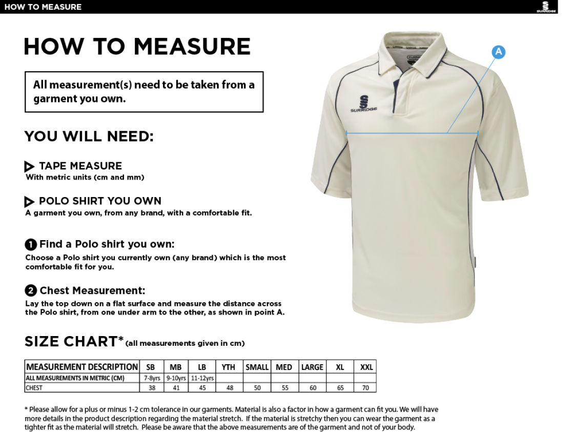 Wadworth CC - Premier 3/4 Sleeve Playing Shirt - Size Guide