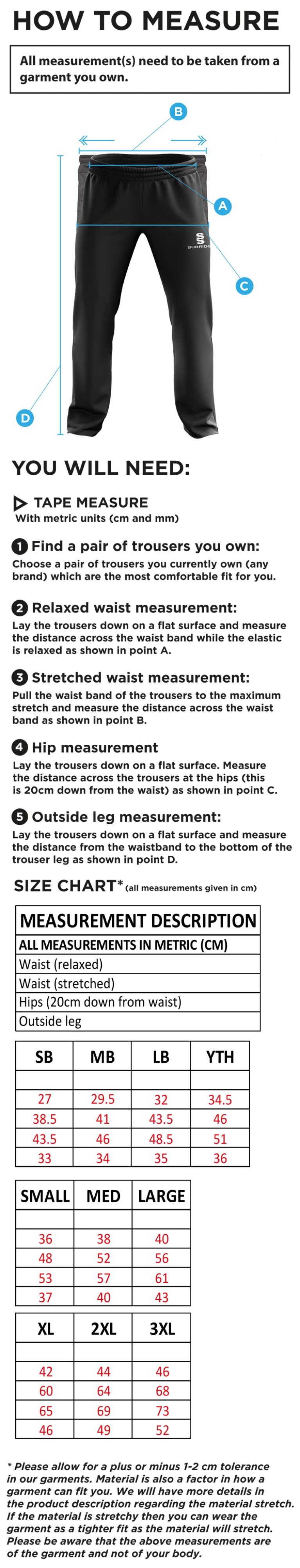 Wadworth CC - Ripstop Track Pant - Size Guide