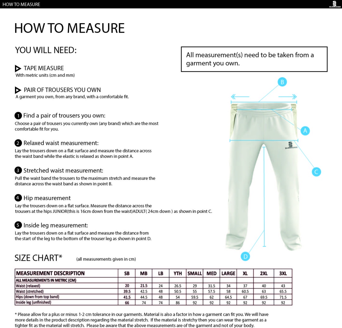 Wadworth CC - Standard Playing Pant - Size Guide