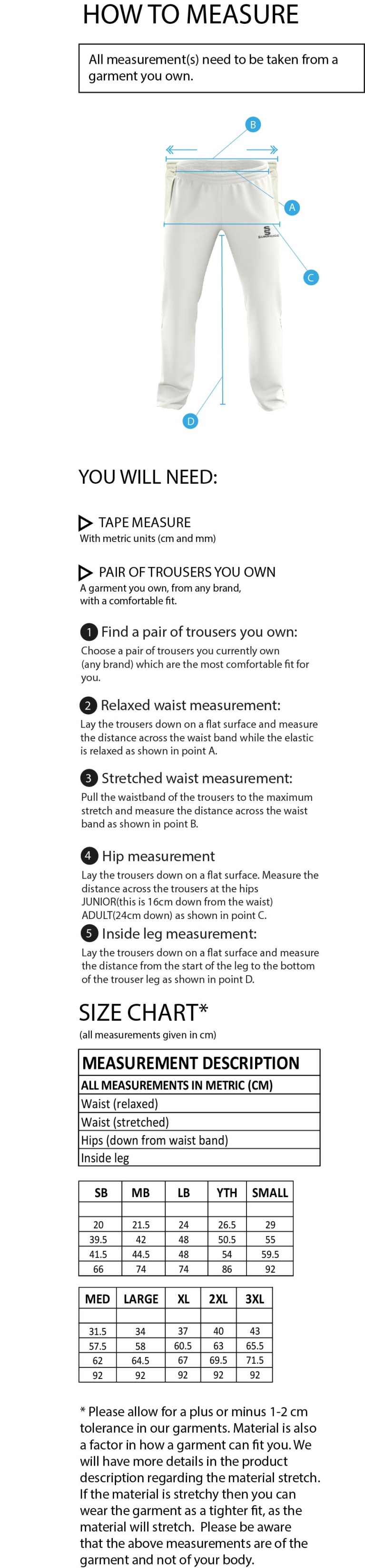 Wadworth CC - Standard Playing Pant - Size Guide