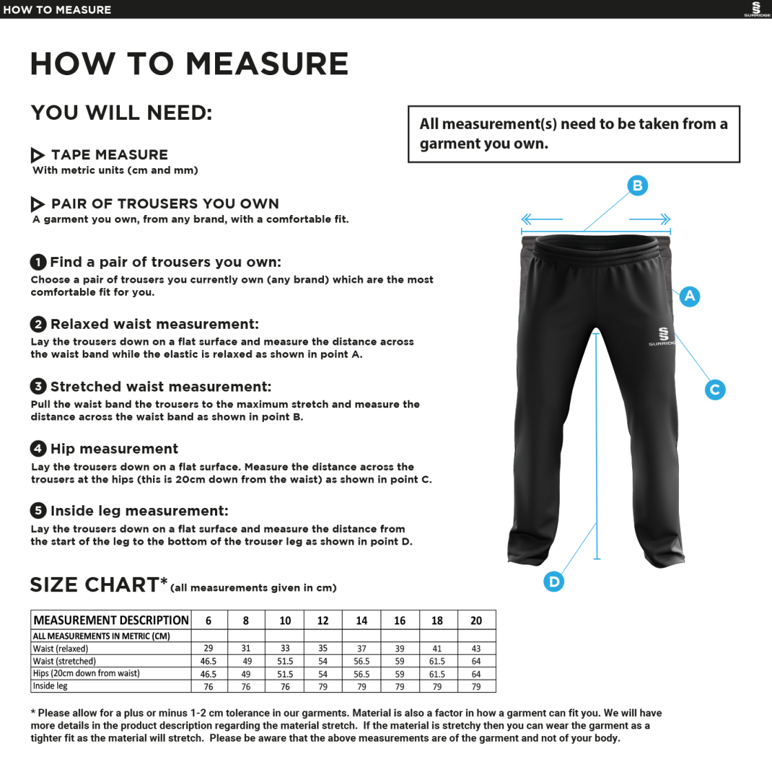 Wadworth CC - Women's Poplin Track Pant - Size Guide
