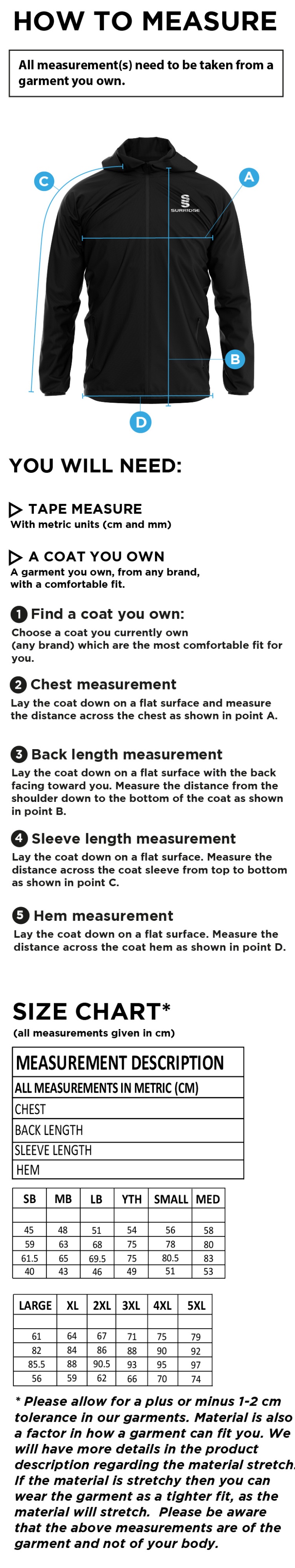 Wadworth CC - Lightweight Full Zip Training Jacket - Size Guide