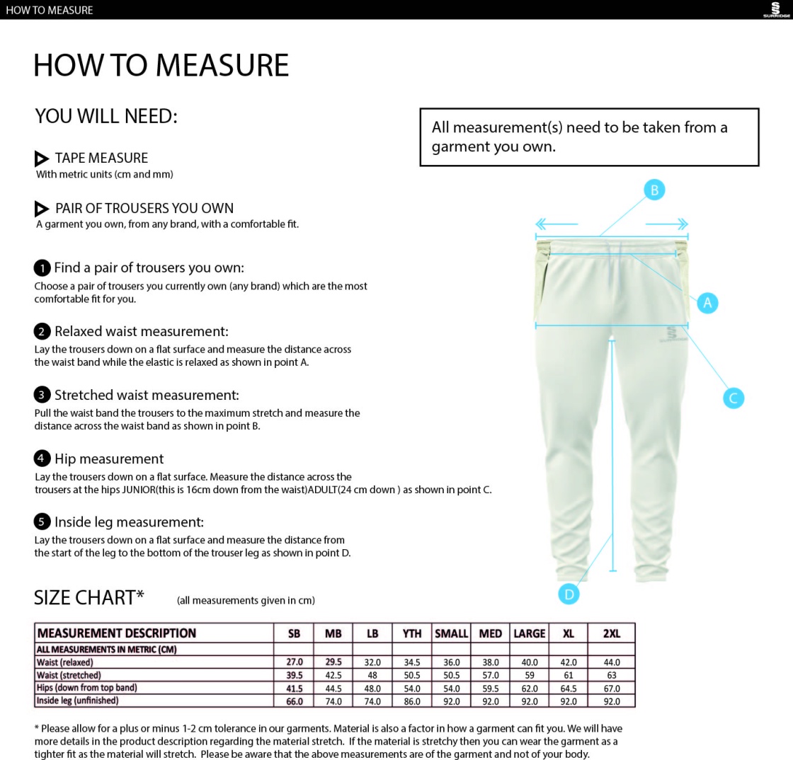 Wadworth CC - Coloured Cricket Trousers - Size Guide