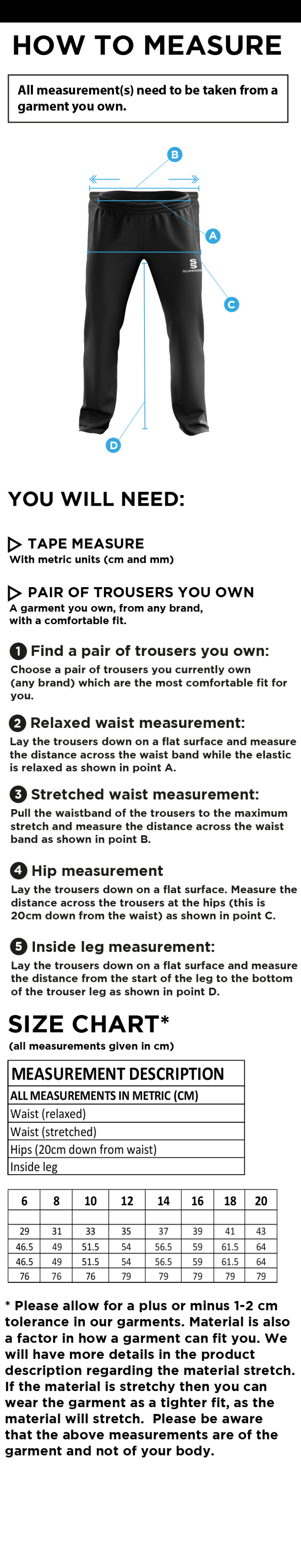 Wadworth CC - Women's Poplin Track Pant - Size Guide
