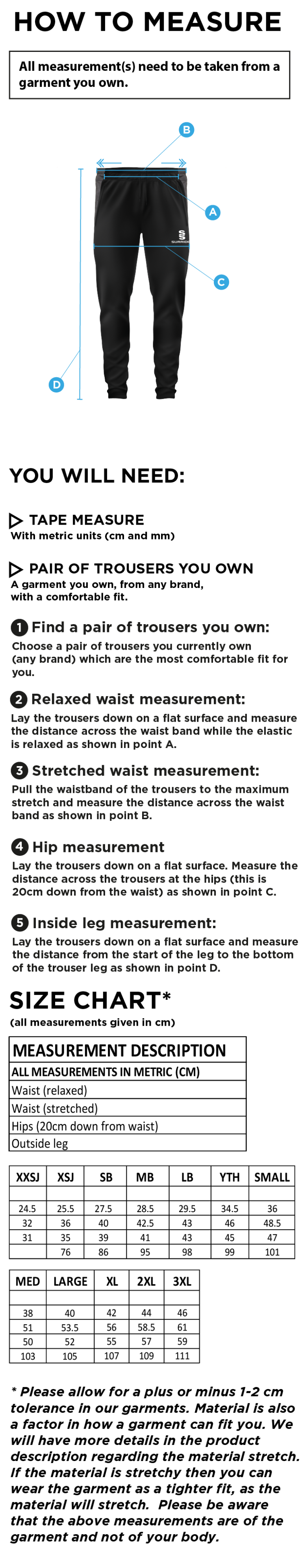 Wadworth CC - Tek Slim Training Pants - Size Guide
