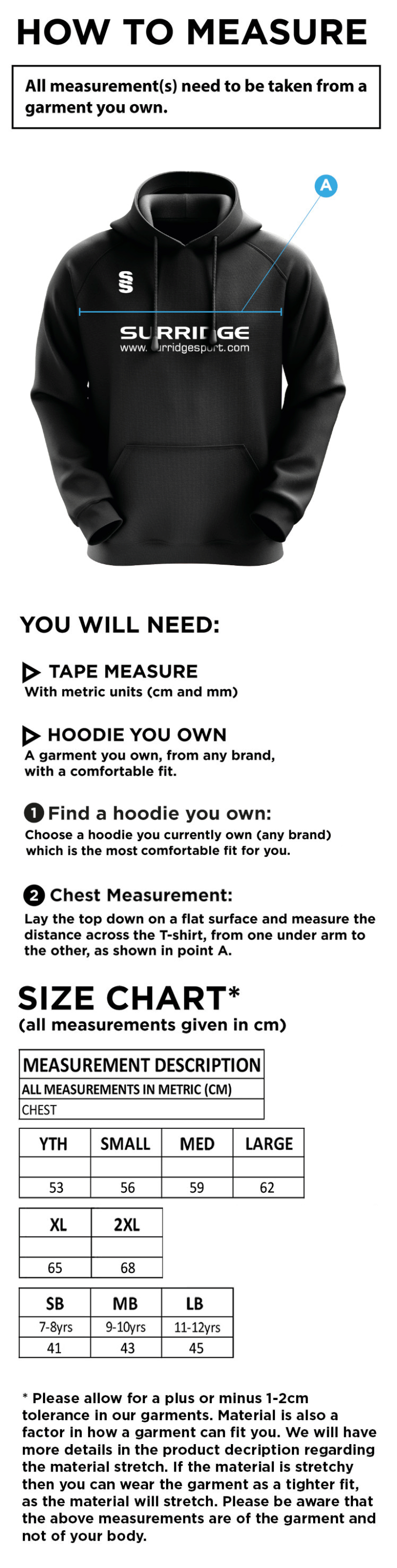 Wadworth CC - Blade Hoody - Size Guide