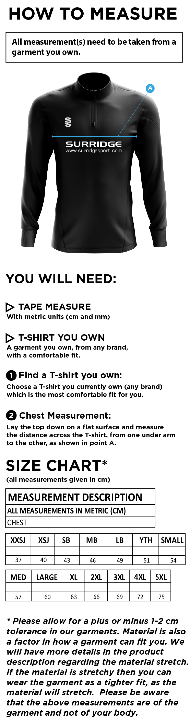 Wadworth CC - Blade Performance Top - Size Guide