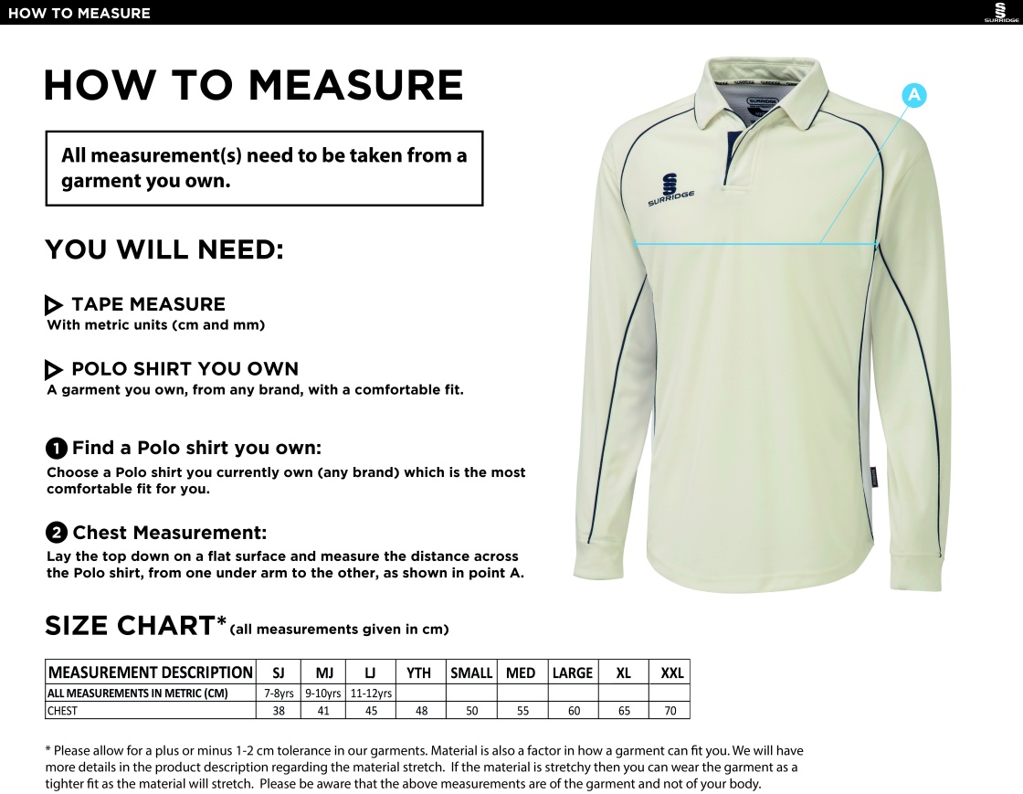 Wadworth CC - Premier Long Sleeve Playing Shirt - Size Guide