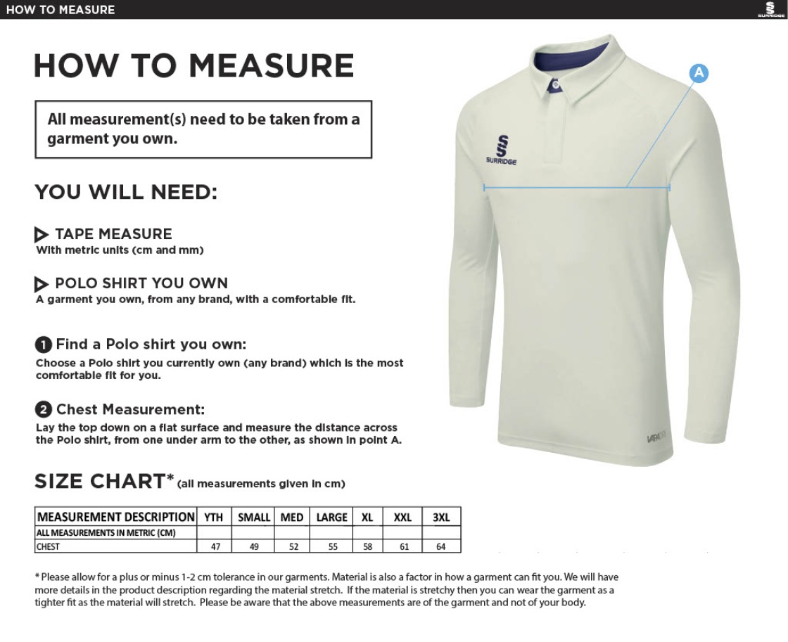 Wadworth CC - Ergo Long Sleeve Playing Shirt - Size Guide