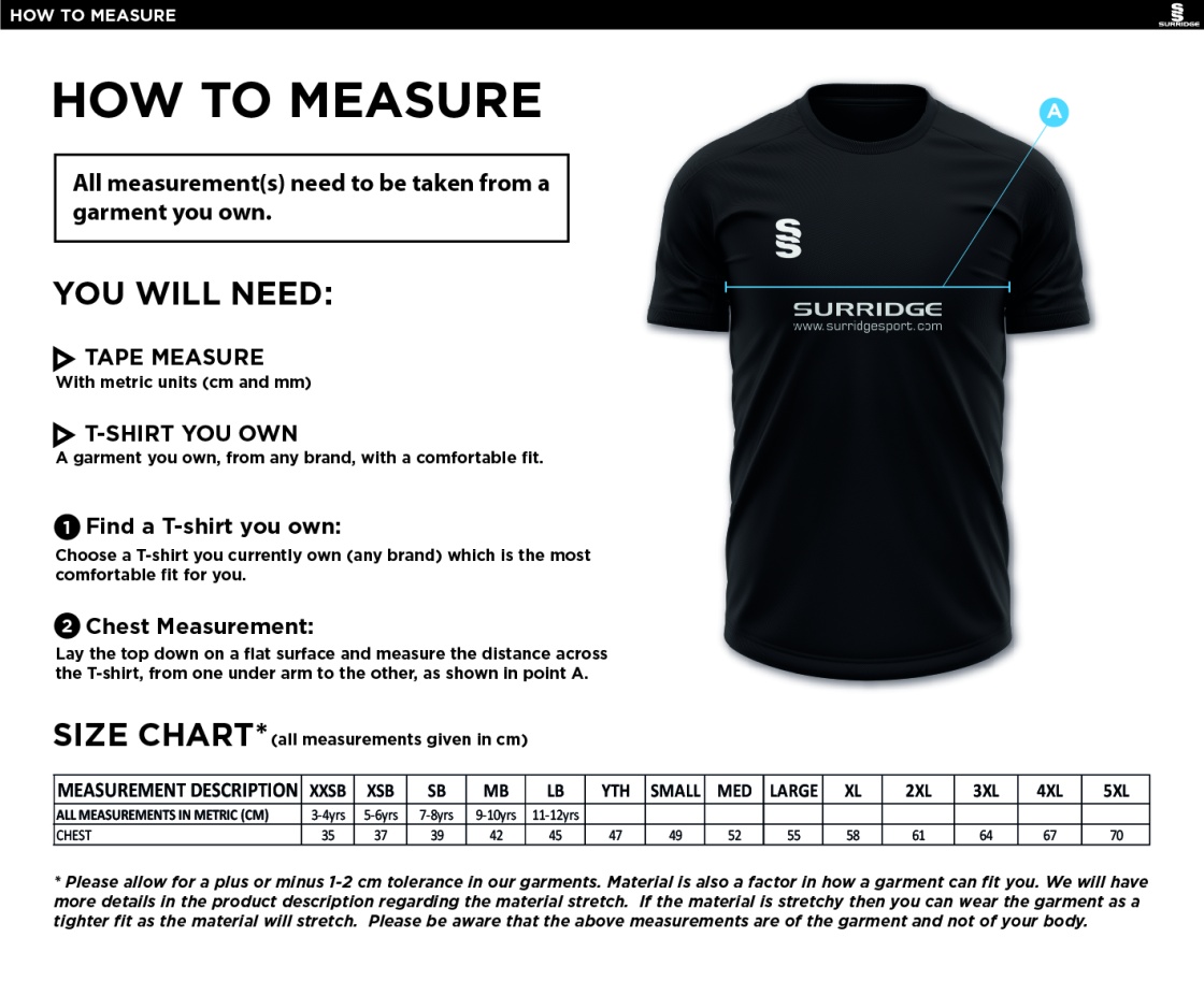 Wadworth CC - Blade Training T-shirt - Size Guide
