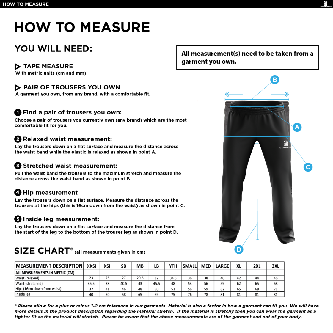 Wadworth CC - Poplin Track Pant - Size Guide