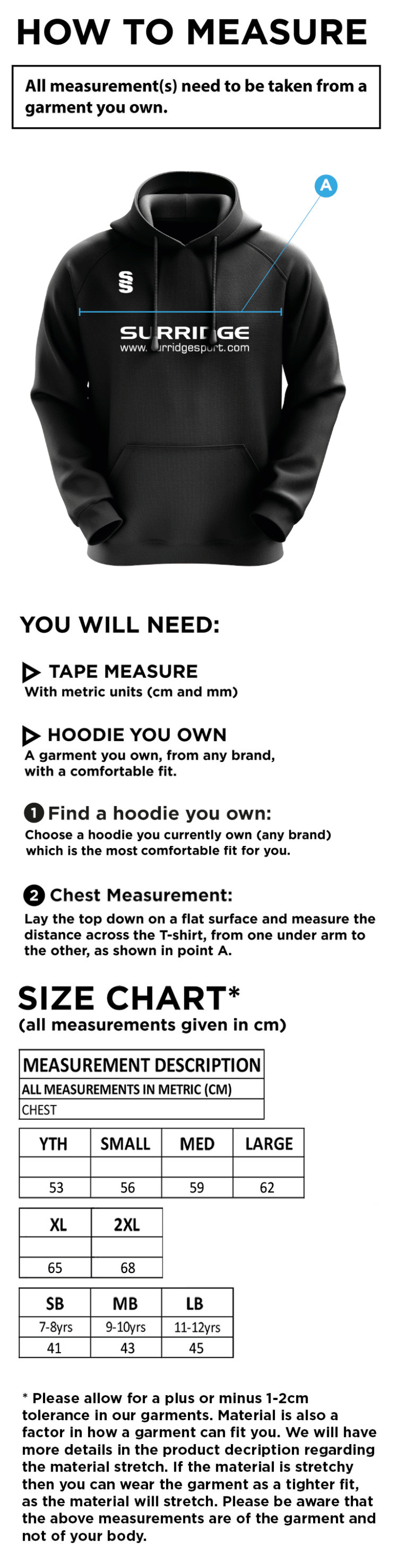 Wadworth CC - Blade Hoody - Size Guide