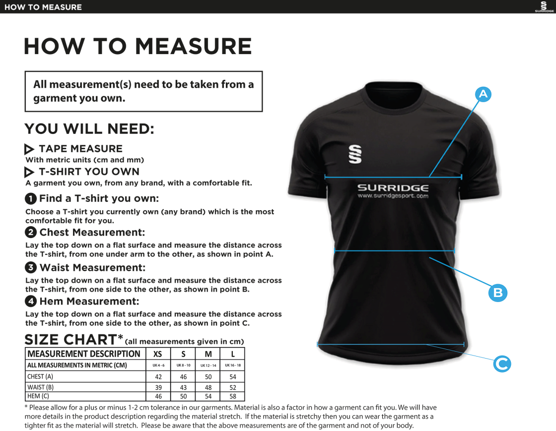 Wadworth CC - Women's Dual Games Shirt - Size Guide