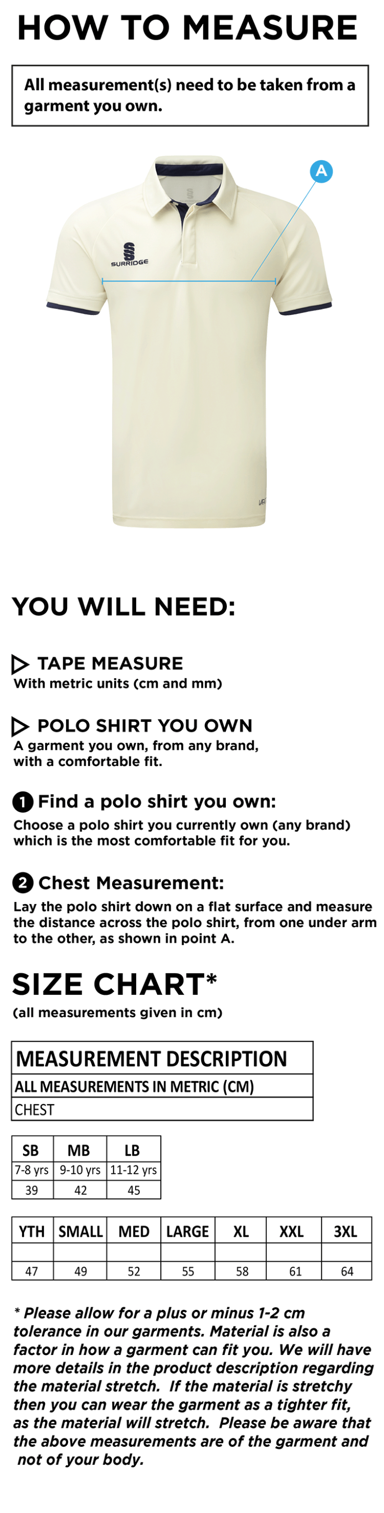 Wadworth CC - Ergo Short Sleeve Playing Shirt - Size Guide