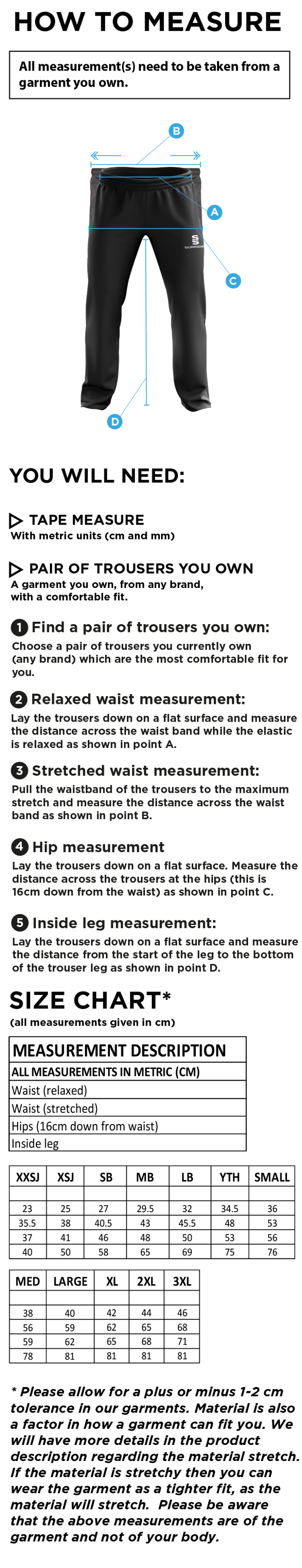 Wadworth CC - Poplin Track Pant - Size Guide