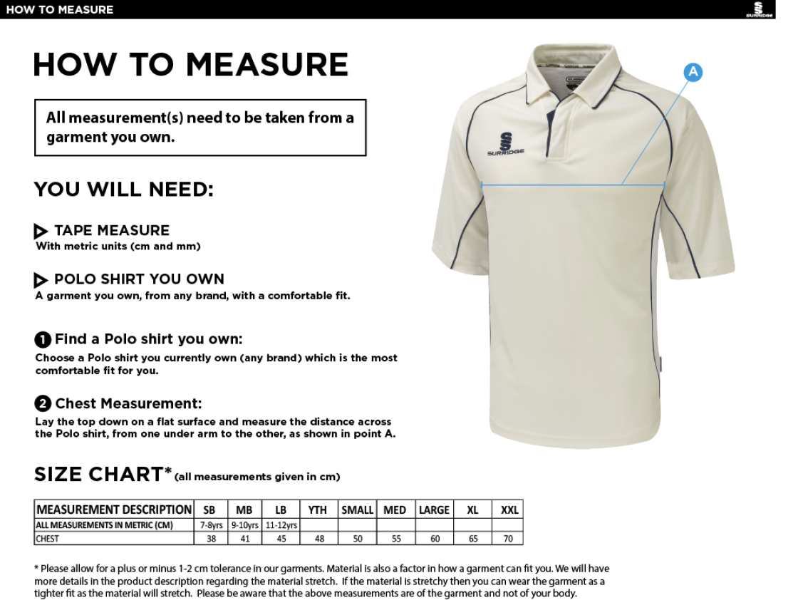 Wadworth CC - Premier 3/4 Sleeve Playing Shirt - Size Guide