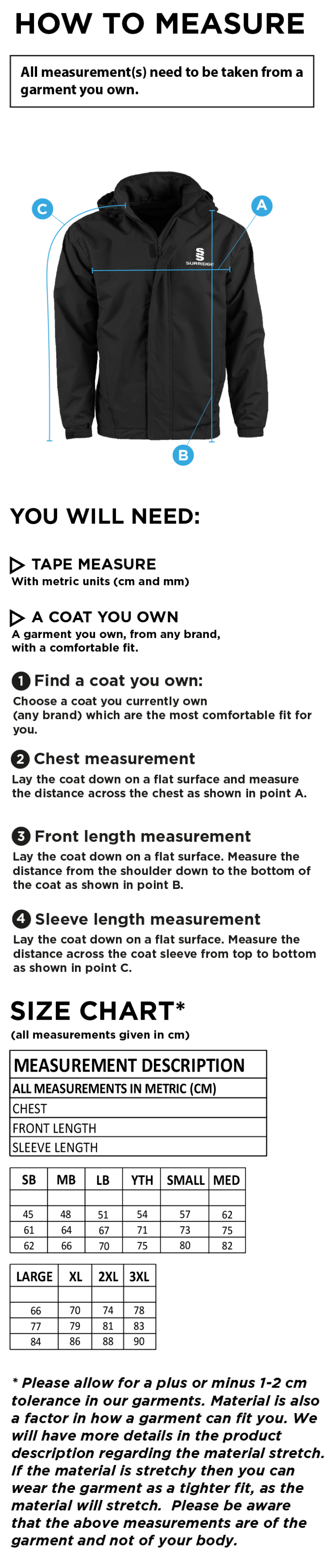 Wadworth CC - Fleeced Line Jacket - Size Guide