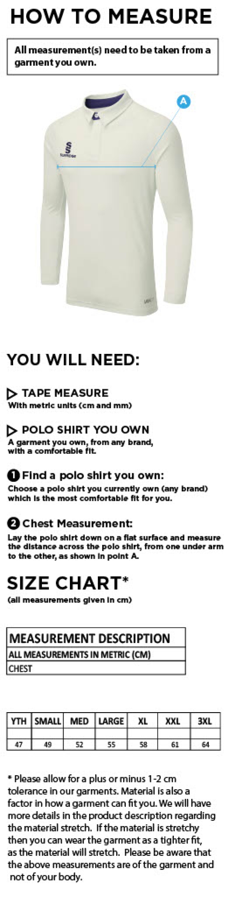 Wadworth CC - Ergo Long Sleeve Playing Shirt - Size Guide