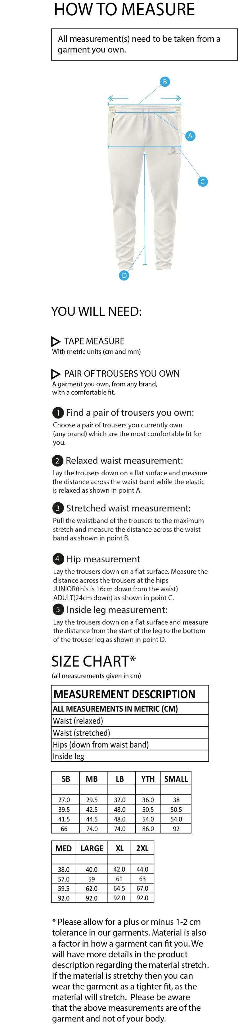 Wadworth CC - Tapered Fit Cricket Trousers - Size Guide