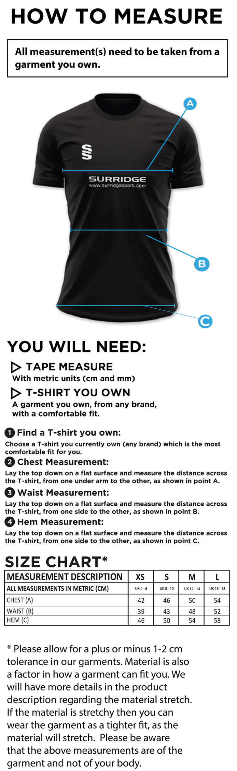 Wadworth CC - Women's Dual Games Training Shirt - Size Guide