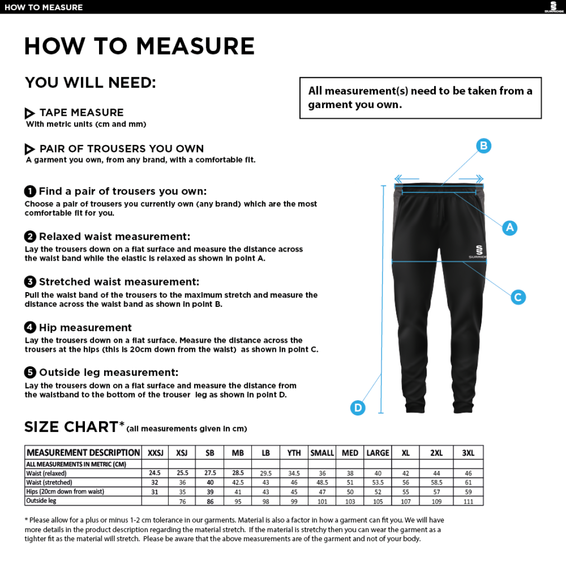 Wadworth CC - Tek Slim Training Pants - Size Guide