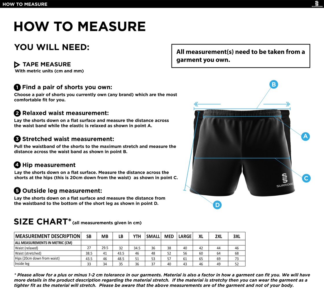 Wadworth CC - Dual Gym Shorts - Size Guide