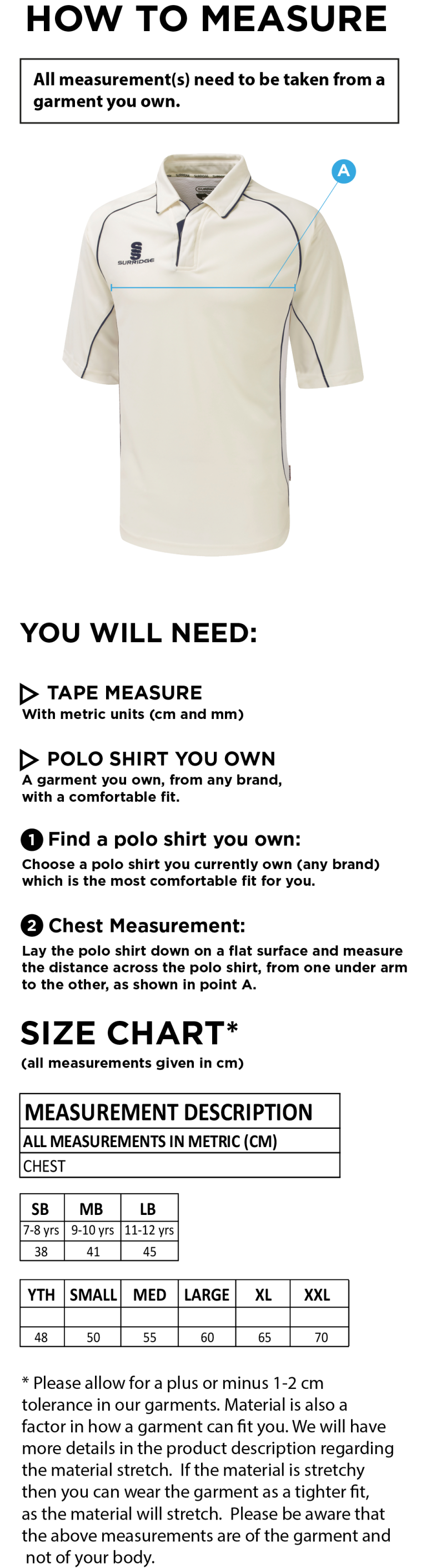 Wadworth CC - Premier 3/4 Sleeve Playing Shirt - Size Guide