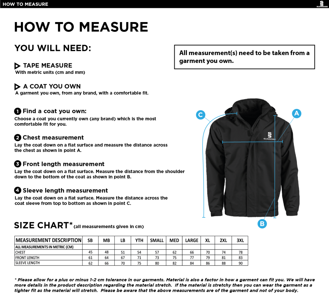 Wadworth CC - Fleeced Line Jacket - Size Guide