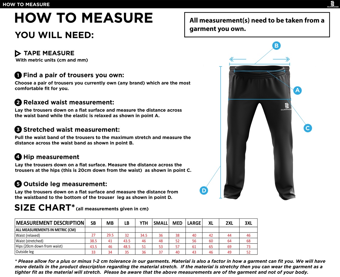 Wadworth CC - Ripstop Track Pant - Size Guide